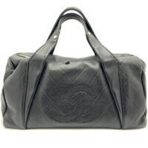 Chanel V Stitch Boston Bag Coco Mark Leather Handbag Black Matelasse